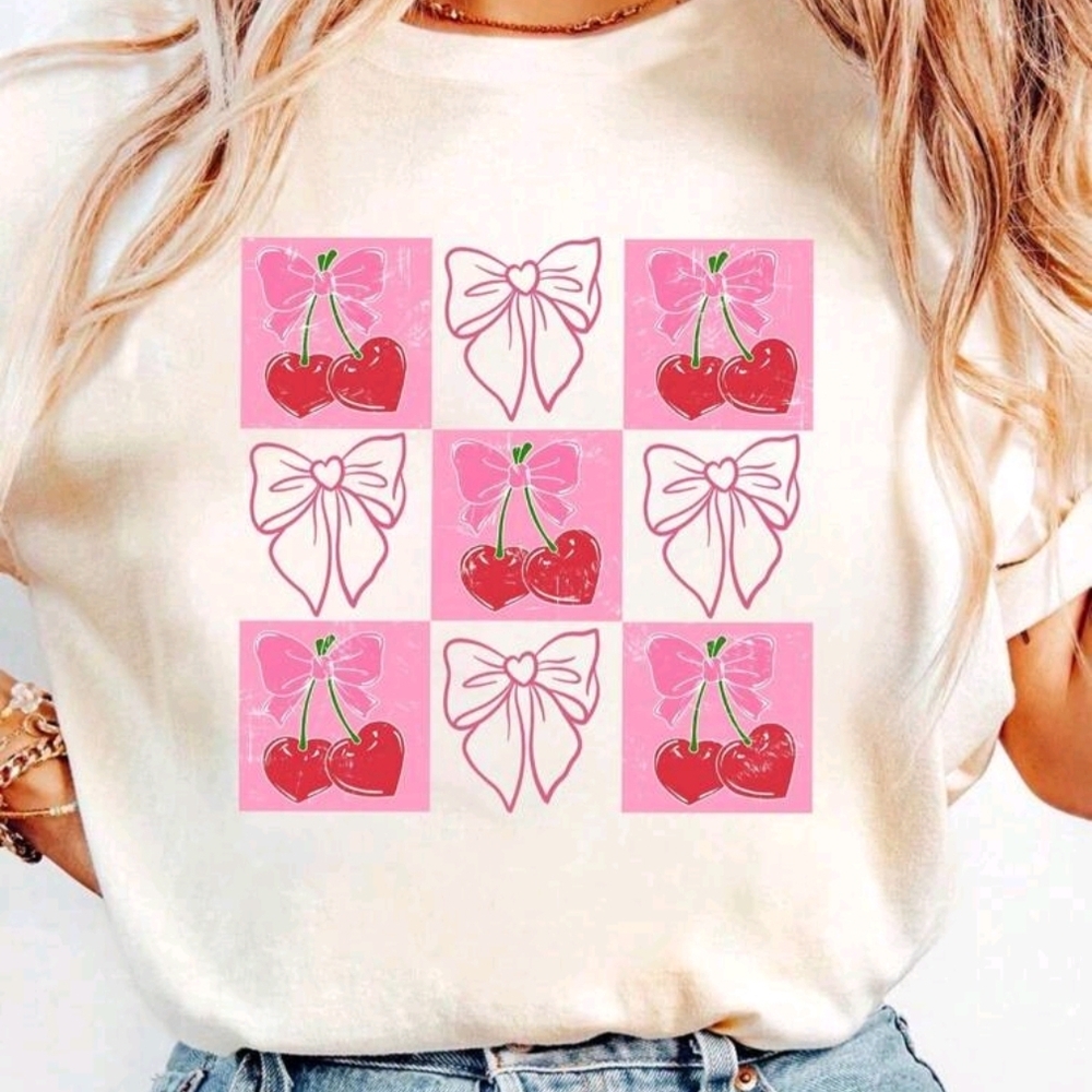 INAWLY Plaid Cherry, Flirty Bow, Pink Valentine's Day Flirty Round Neck Women's